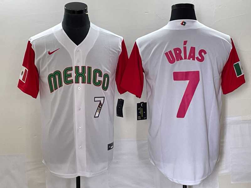 Men's Mexico Baseball #7 Julio Urias Number 2023 White Red World Classic Stitched Jersey 29